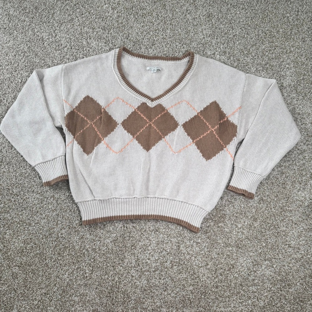 American Eagle Womens Size M Argyle V Neck Sweater Cream Brown Brown Trim